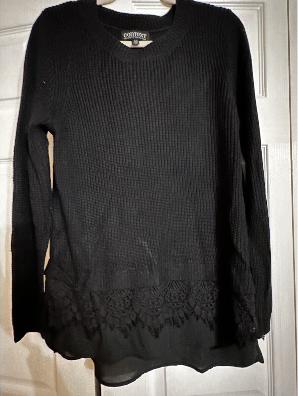 Context By Lord & Taylor XL Black Ribbed Knit Chiffon Lace Hem Sweater Tunic Top